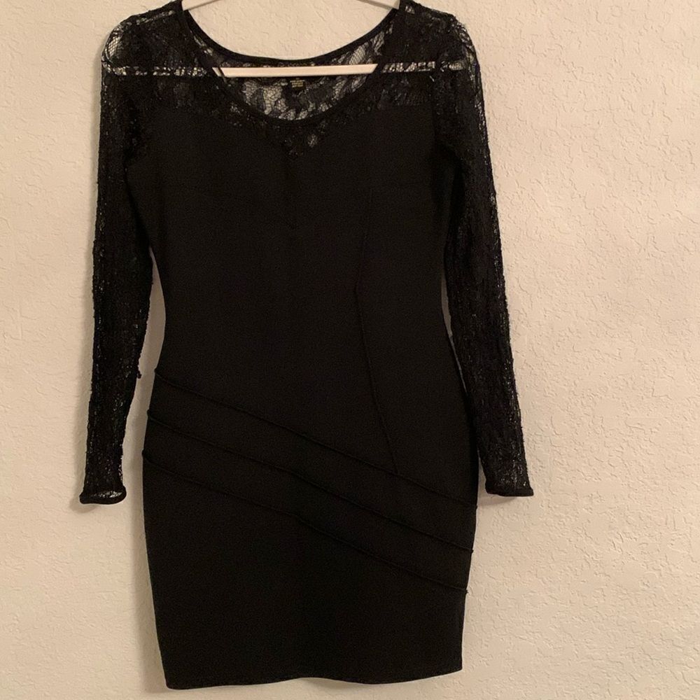 QET London Bodycon Lace Long Sleeve Mini Black Dress Size M